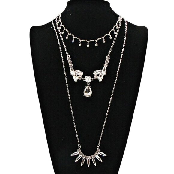 Lot of 3 Rhinestone Necklaces Assorted Sizes Styles Silver Tone Choker Long Med - Picture 1 of 9